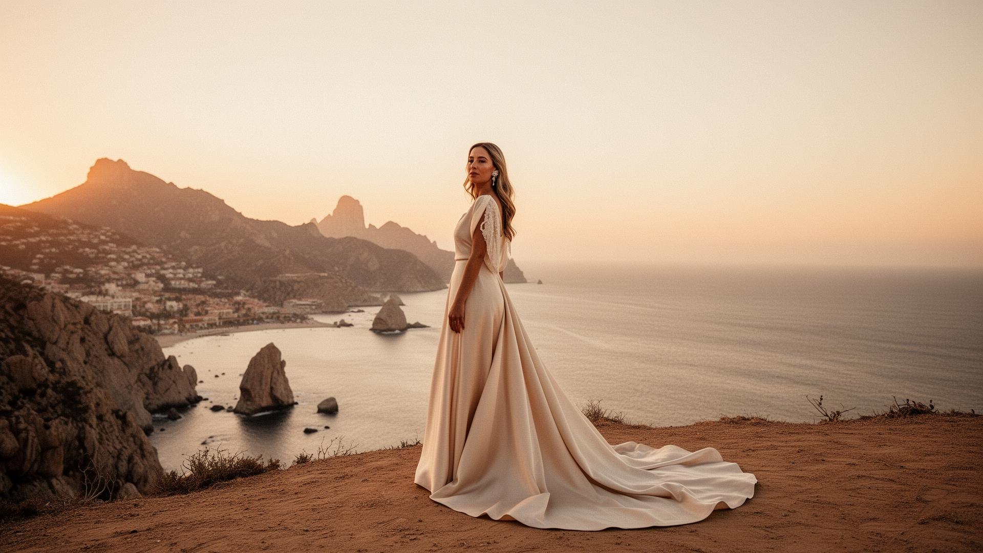 Bride in flowing silk gown at golden hour on the cliffs of Cabo San Lucas